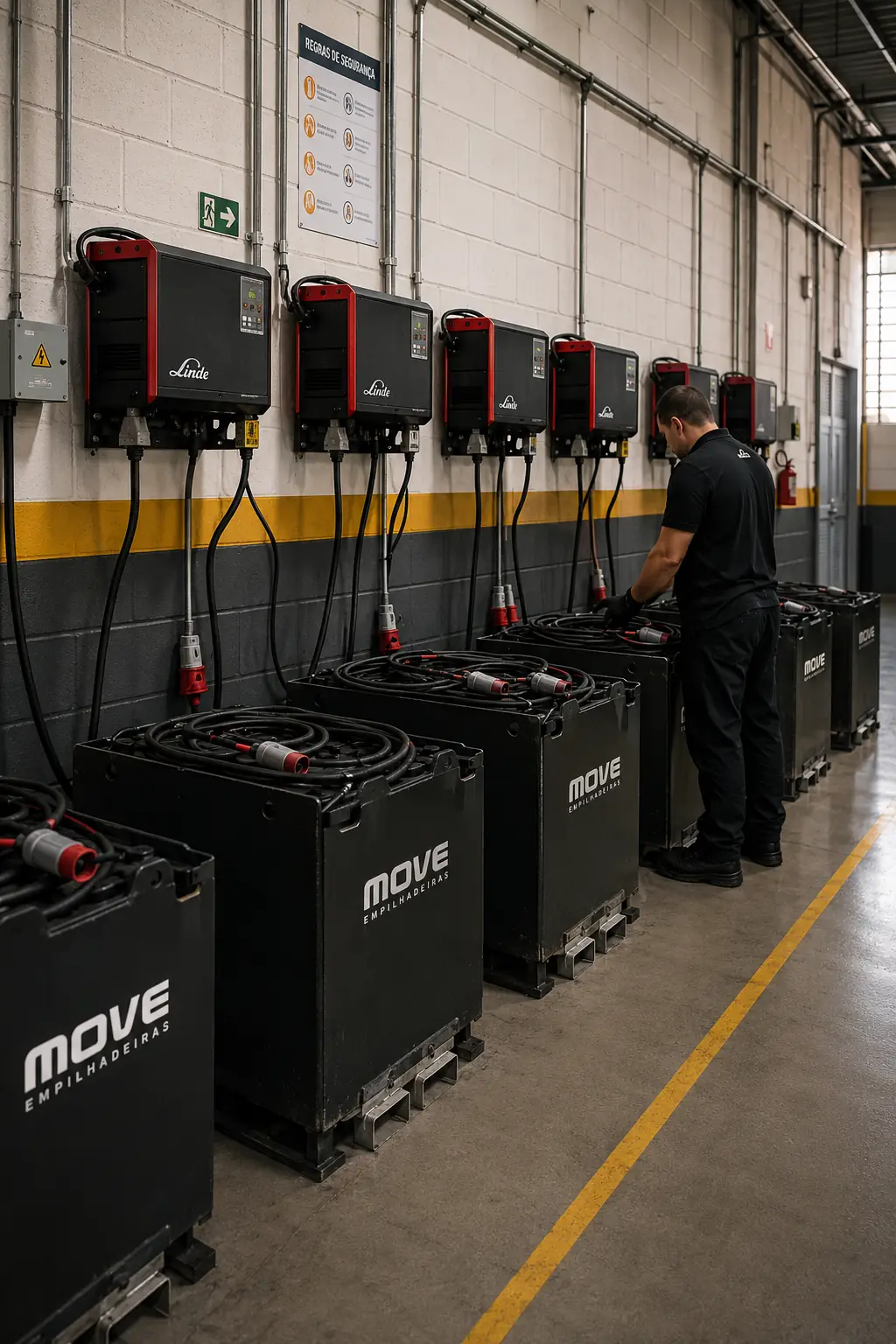 Sala de baterias com carregadores na parede e baterias tracionárias identificadas com a marca Move